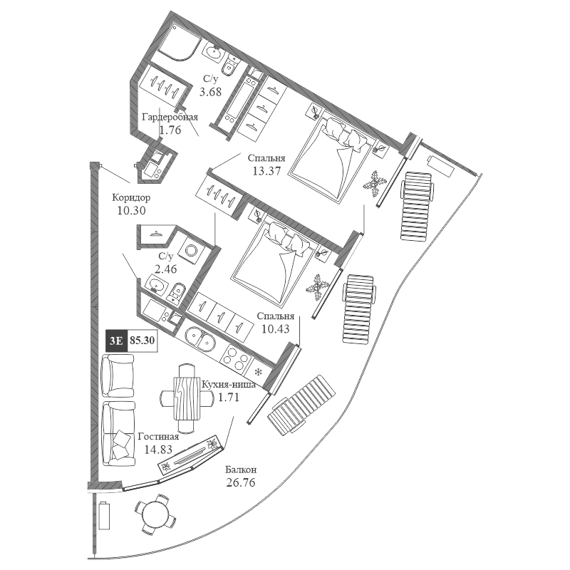 Апартамент площадью 85,30 кв.м