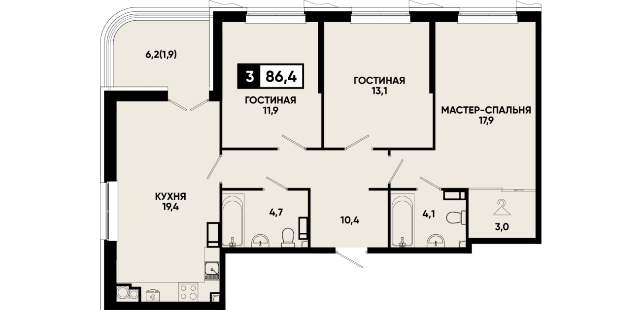 3 комнатная квартира 86,4 кв.м