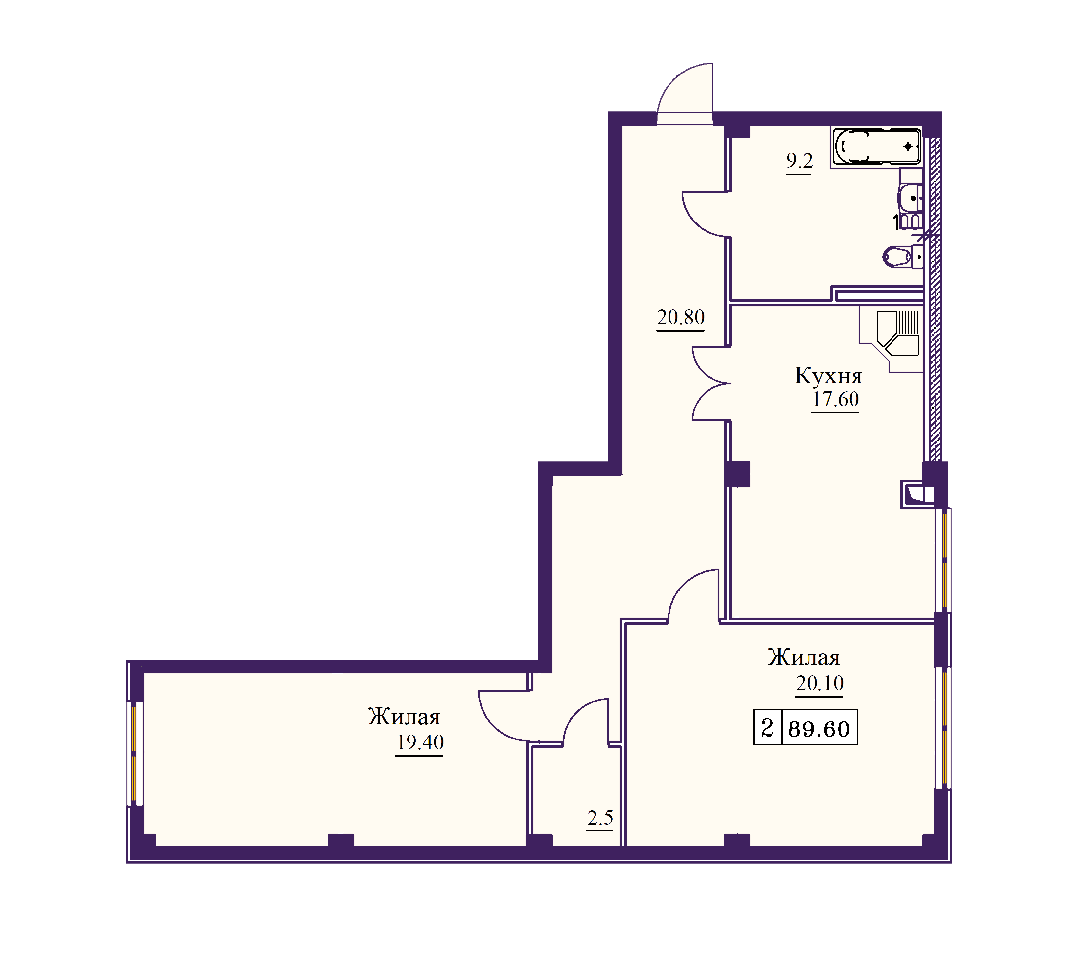 2 комнатная квартира 89,6 кв.м