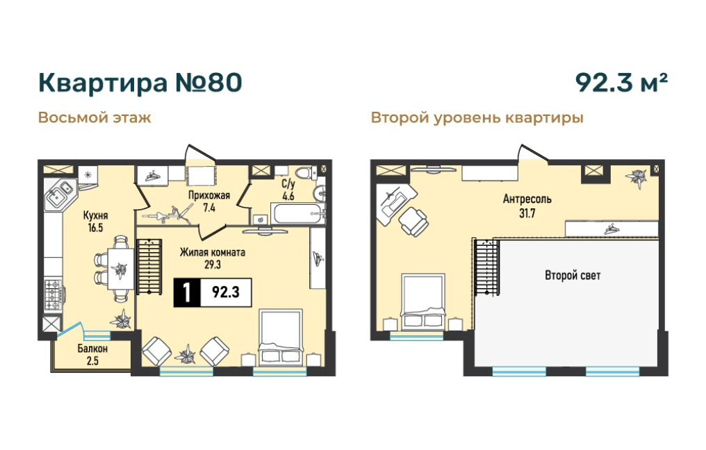 Двухуровневая квартира, 92,3 кв.м.