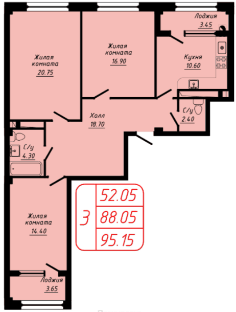 3 комнатная квартира 95,15 кв.м