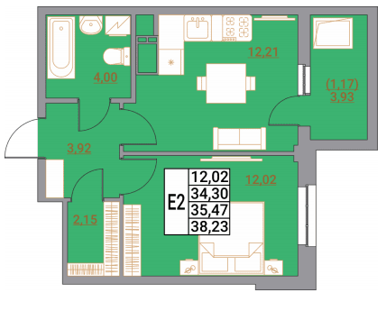 2 комнатная квартира 38,23 кв.м