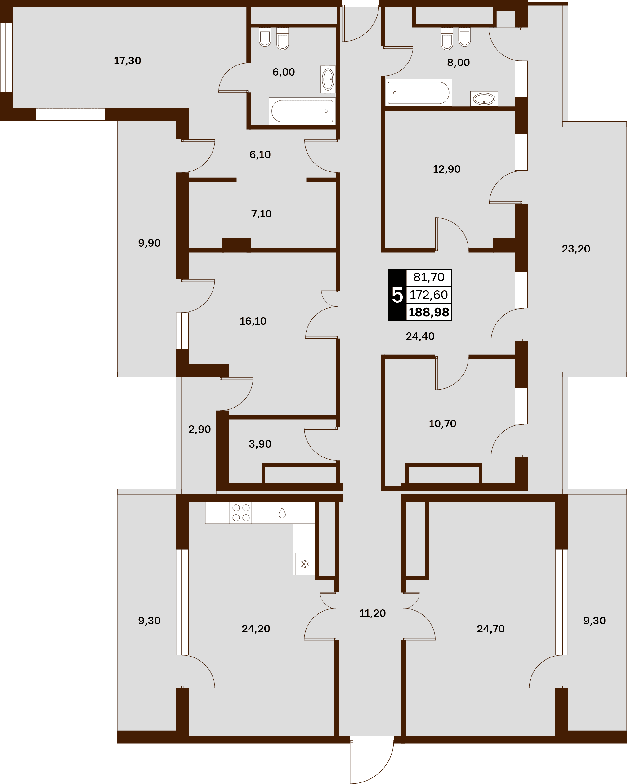 5 комнатная квартира, 188,98 кв.м.
