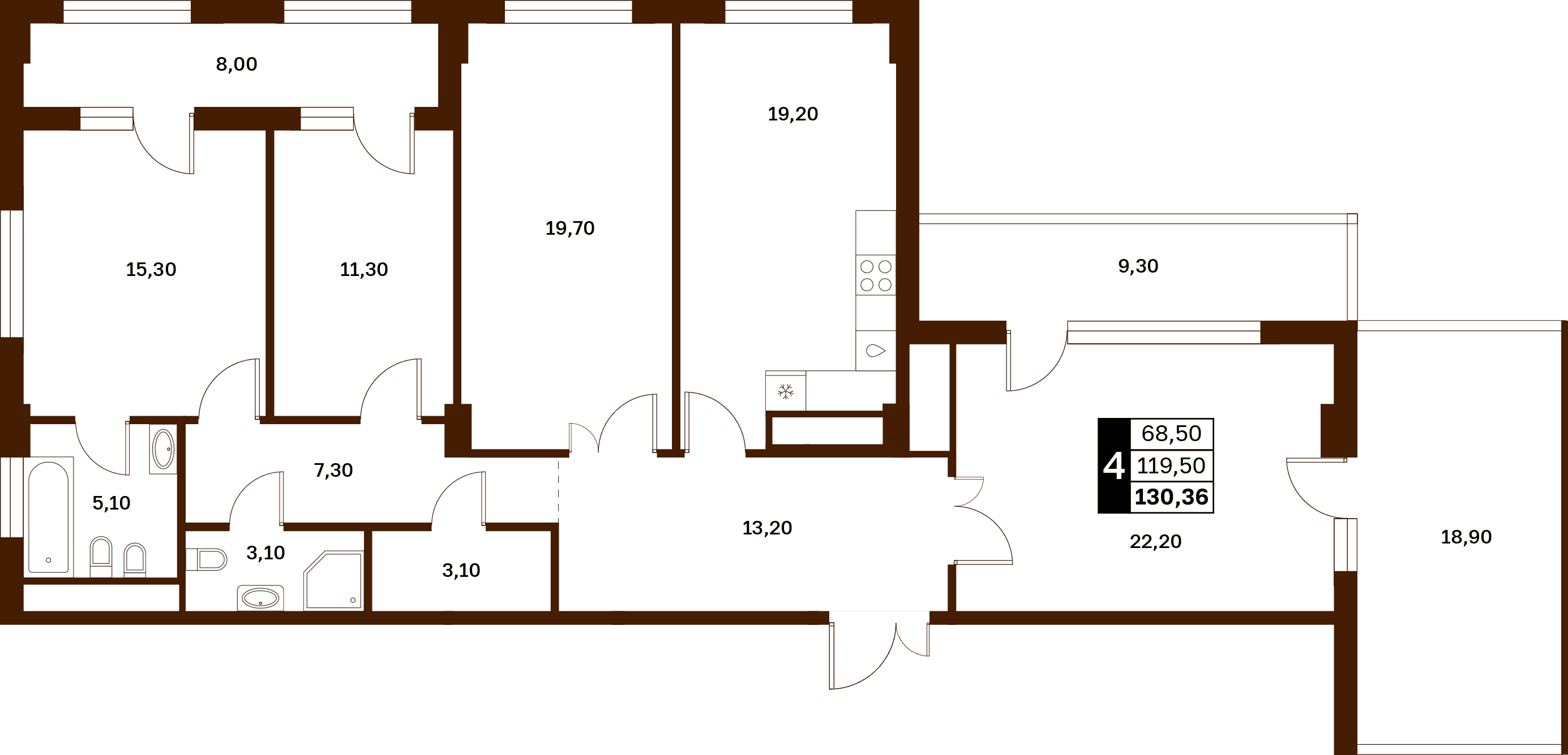 4 комнатная квартира, 130,36 кв.м.