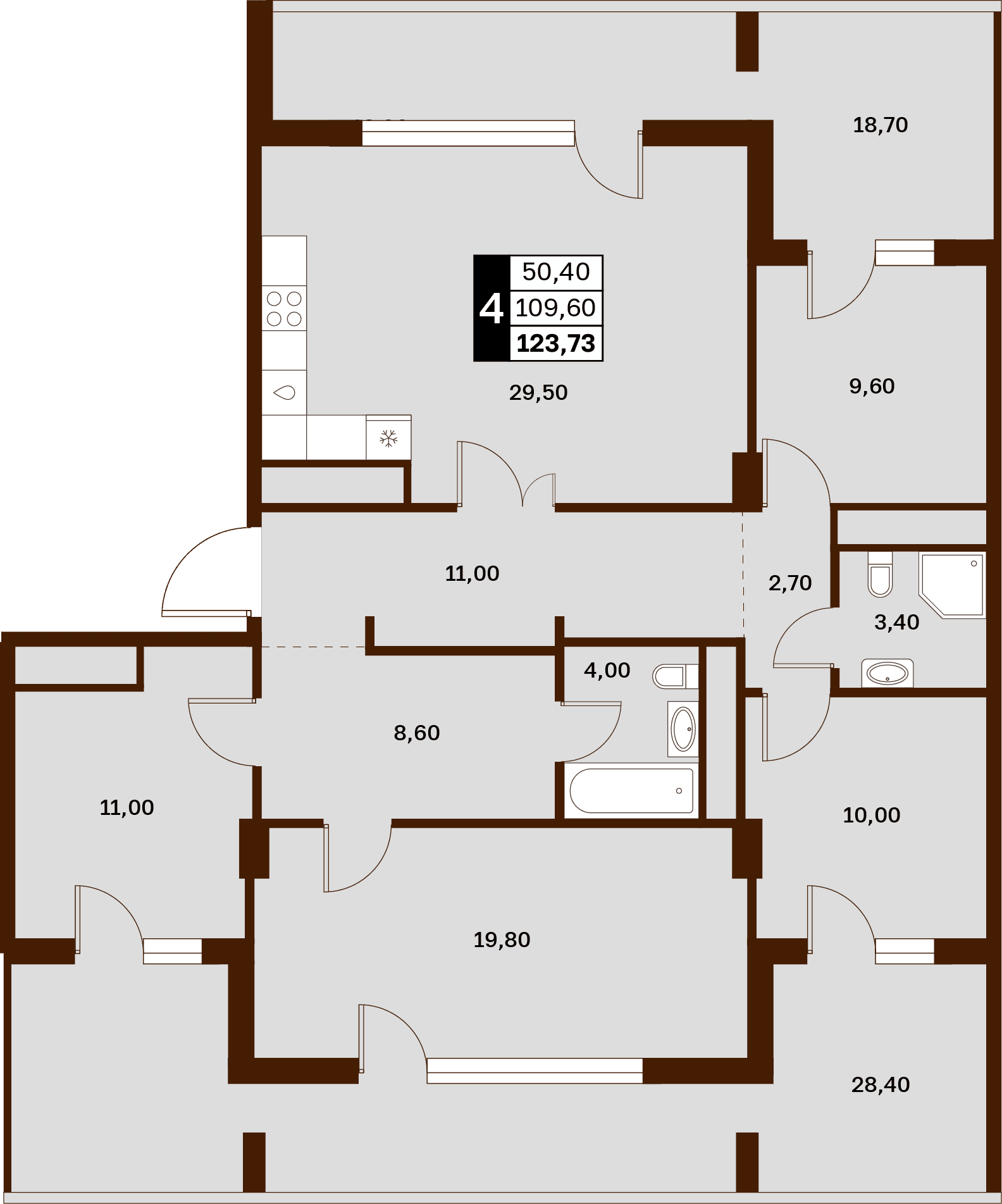 4 комнатная квартира, 123,73 кв.м.