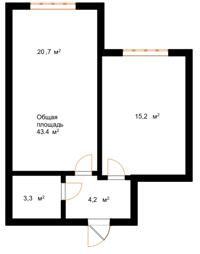 1 комнатная квартира 43,4 кв.м